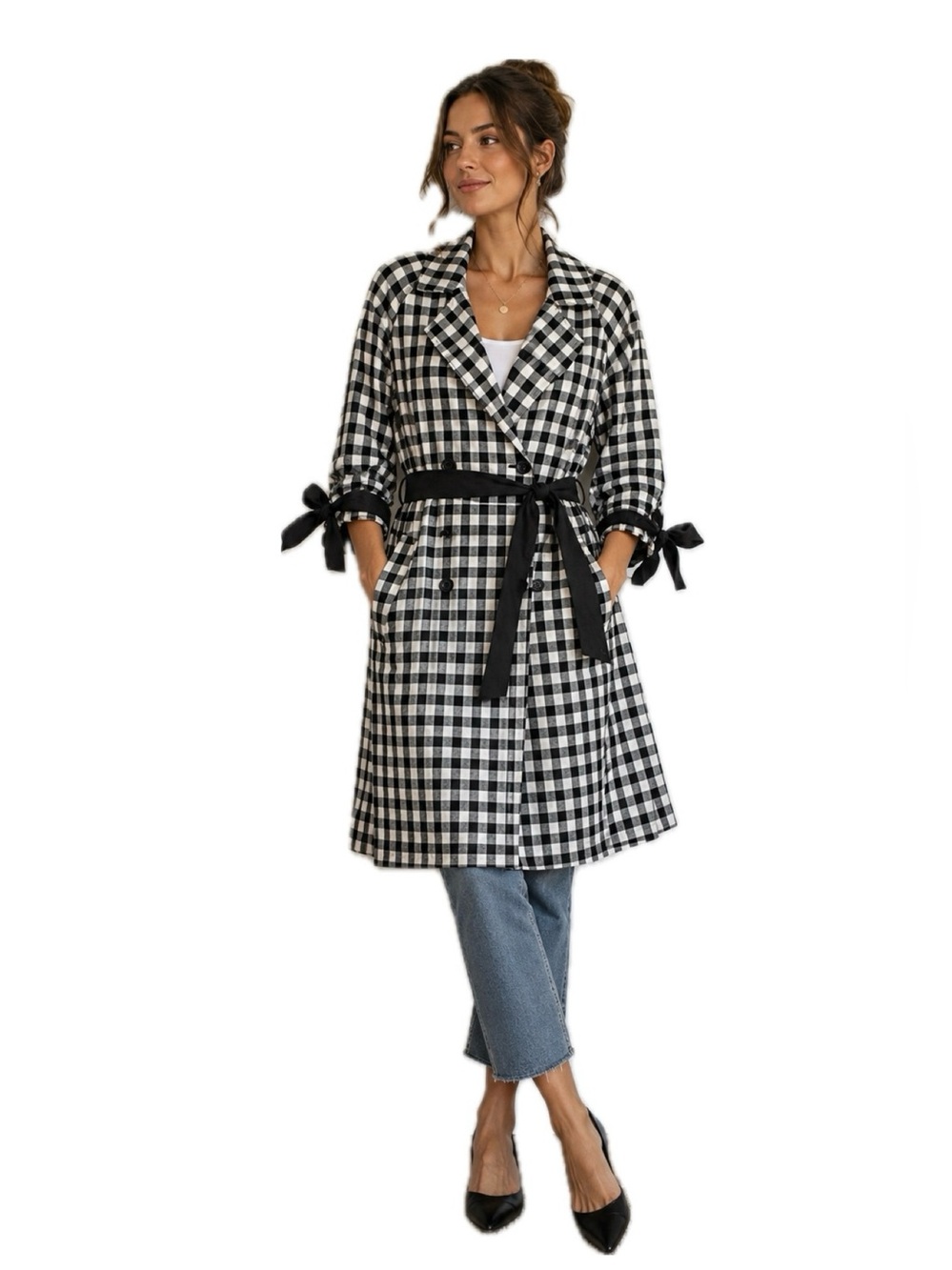 Who What Wear Black White Gingham Trench Coat Tie Sleeve Jacket S Flawed Gem 💎